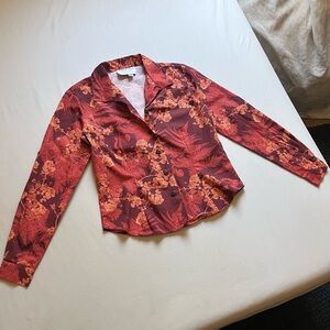 DAVID SHEPARD burgundy red orange floral long sleeve button up shirt blouse